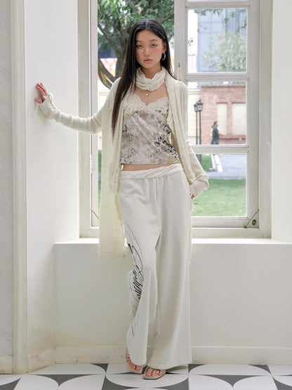 FayChui Textured Letter Print Straight Leg Acetate Satin Waist Women&