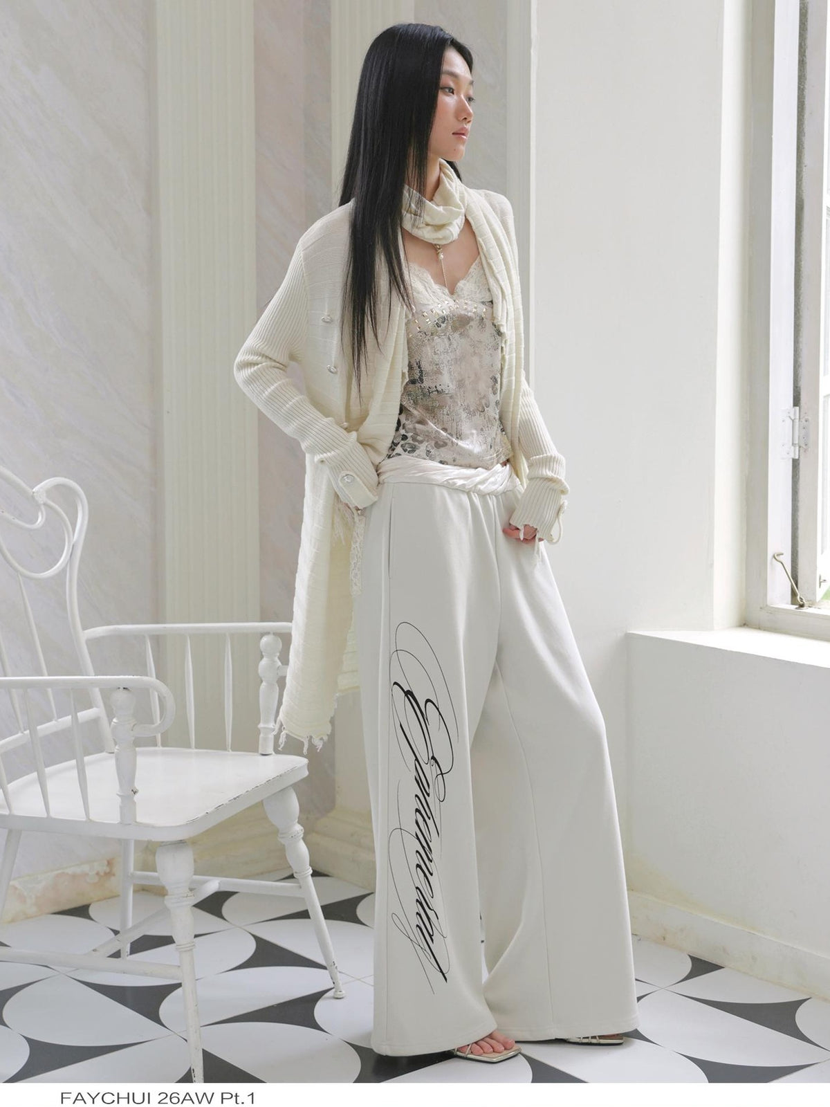 FayChui Textured Letter Print Straight Leg Acetate Satin Waist Women&