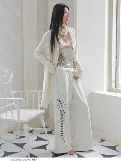 FayChui Textured Letter Print Straight Leg Acetate Satin Waist Women&