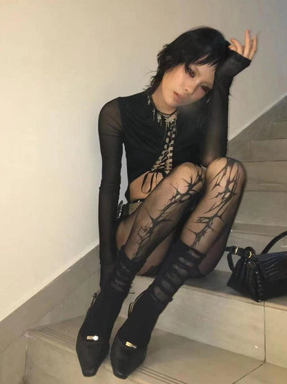 FayChui  Thorn Rose Patterned Mesh Tights