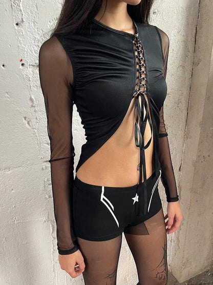 FayChui  Tie Front Cutout Mesh Top