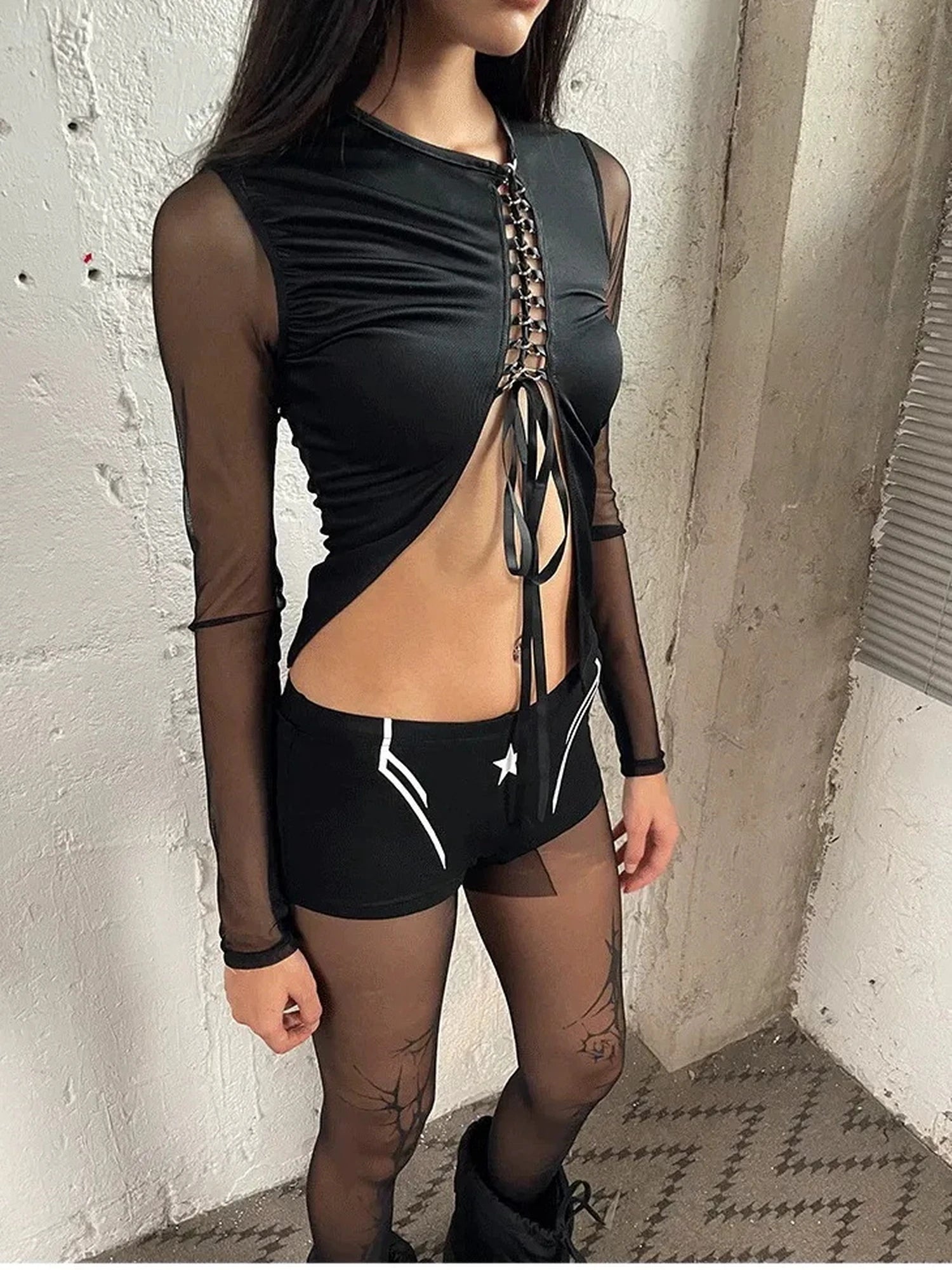 FayChui  Tie Front Cutout Mesh Top