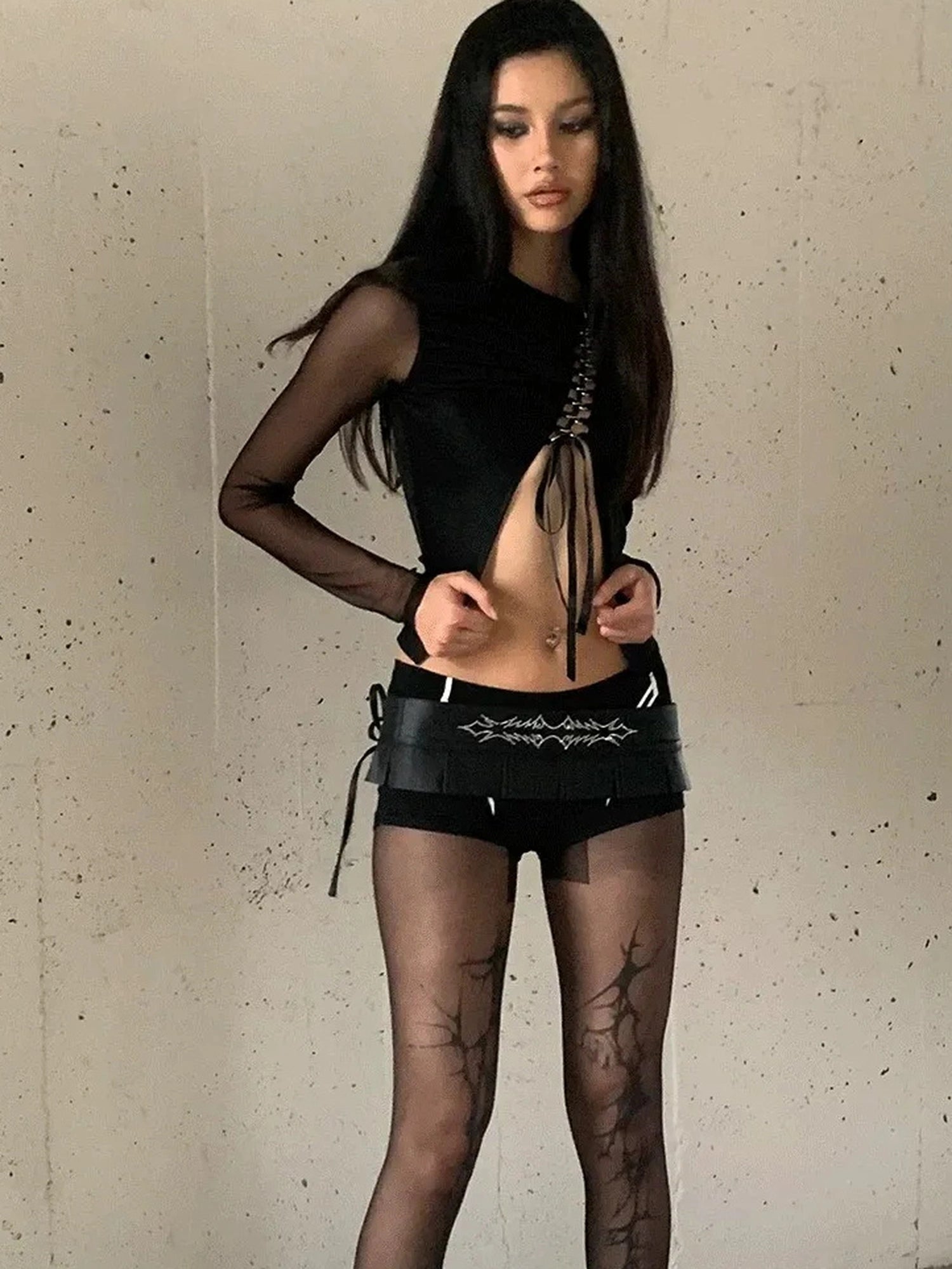 FayChui  Tie Front Cutout Mesh Top