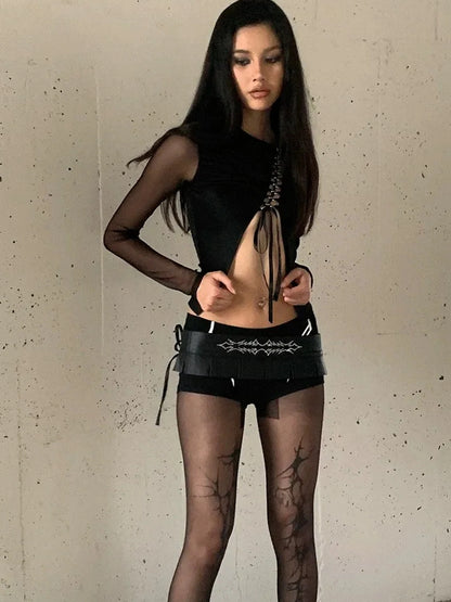 FayChui  Tie Front Cutout Mesh Top