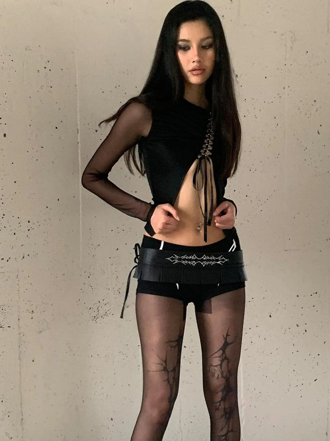 FayChui  Tie Front Cutout Mesh Top