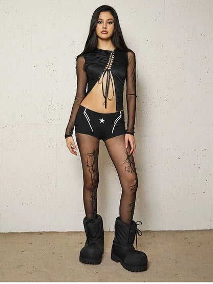 FayChui  Tie Front Cutout Mesh Top