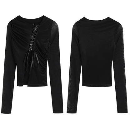 FayChui  Tie Front Cutout Mesh Top