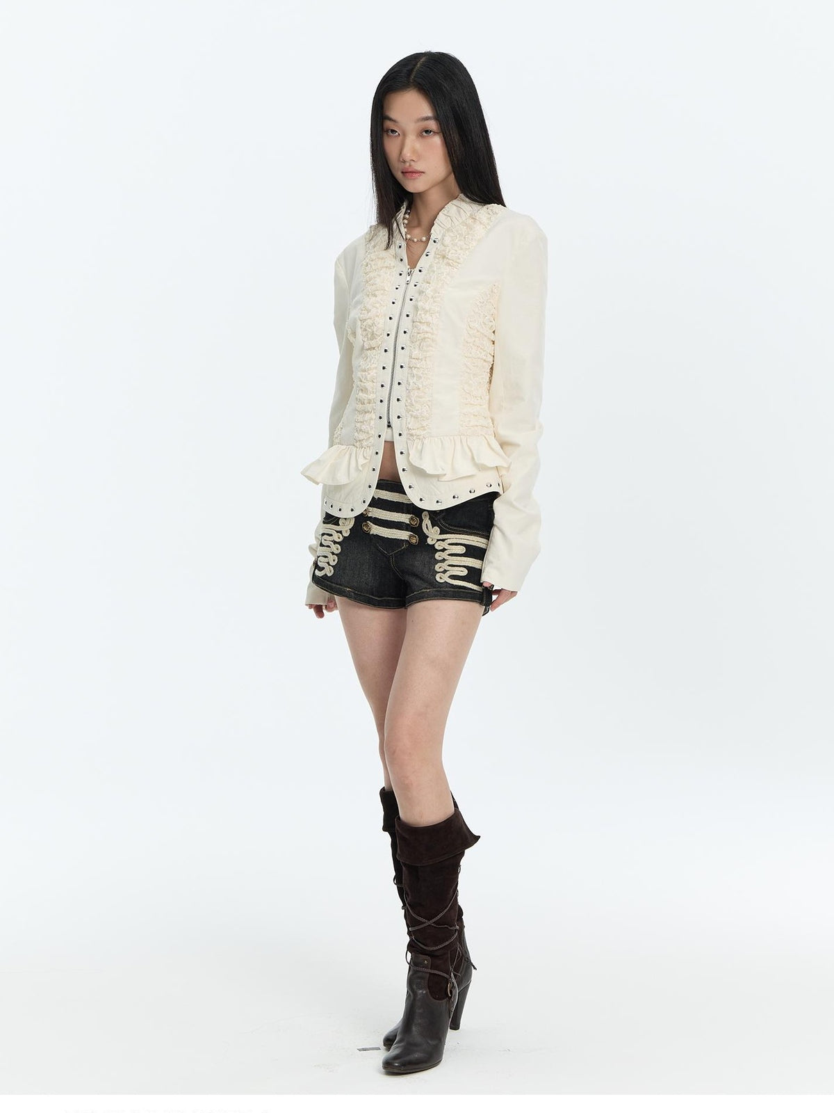 FayChui V-neck Lace Pleated Cinched Waist Women&