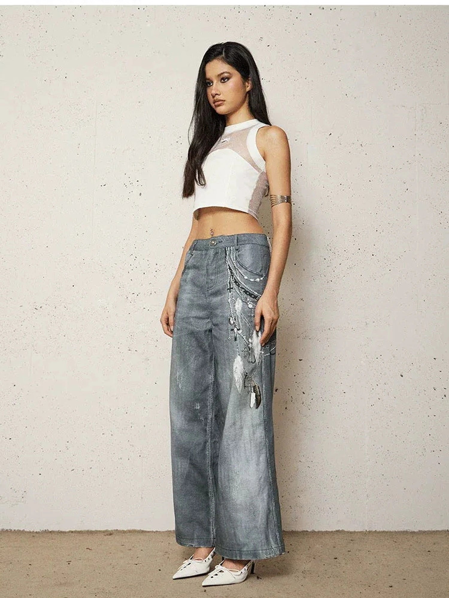 FayChui  Vintage 3D Pearl Print Washed Denim Flared Trousers