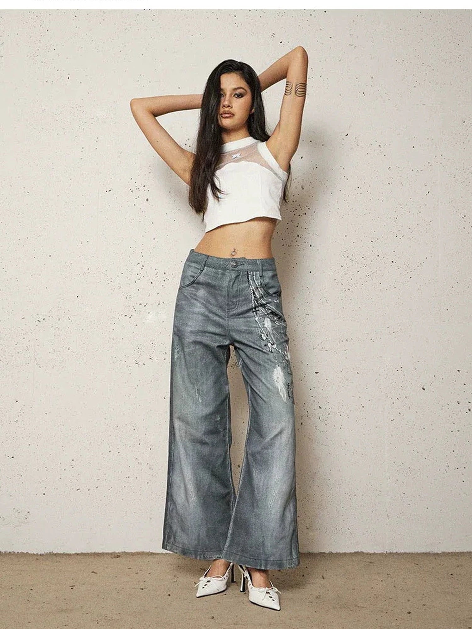 FayChui  Vintage 3D Pearl Print Washed Denim Flared Trousers