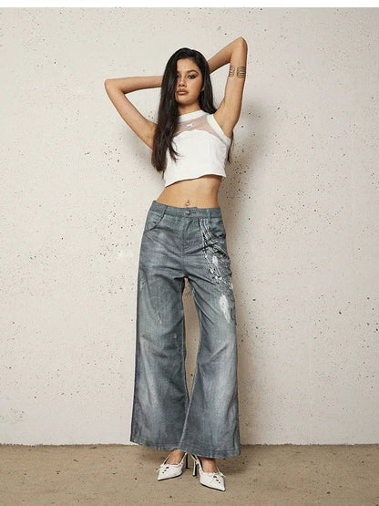 FayChui  Vintage 3D Pearl Print Washed Denim Flared Trousers