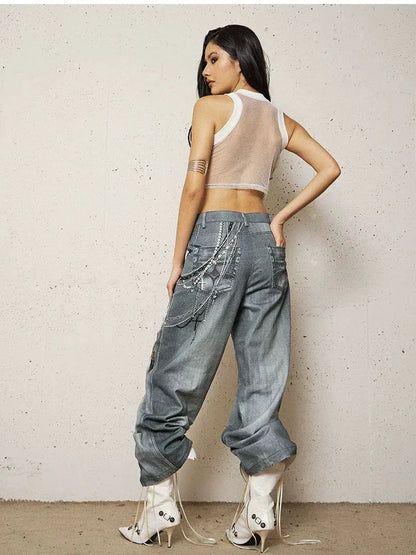 FayChui  Vintage 3D Pearl Print Washed Denim Flared Trousers