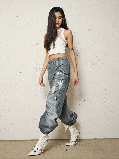 FayChui  Vintage 3D Pearl Print Washed Denim Flared Trousers