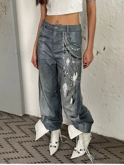 FayChui  Vintage 3D Pearl Print Washed Denim Flared Trousers