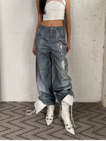 FayChui  Vintage 3D Pearl Print Washed Denim Flared Trousers