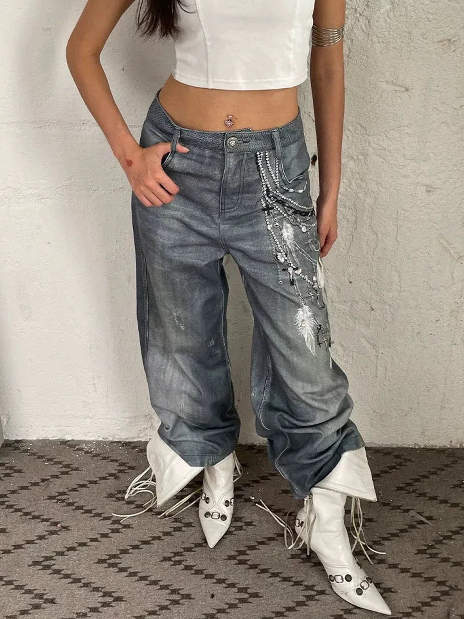 FayChui  Vintage 3D Pearl Print Washed Denim Flared Trousers