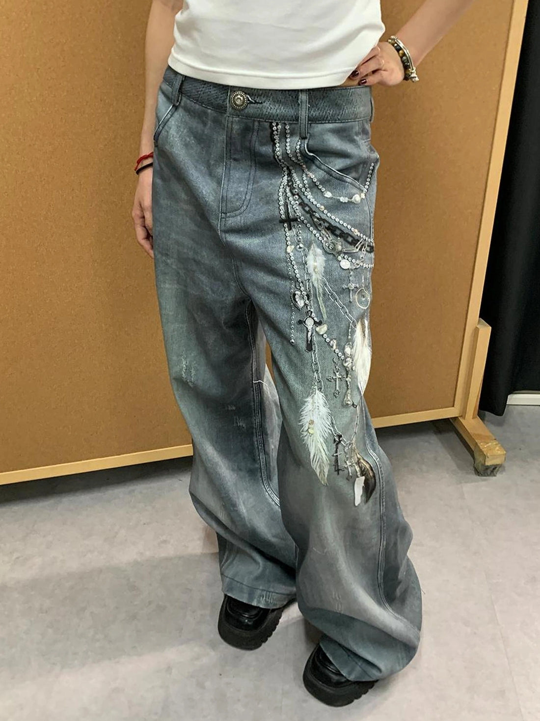 FayChui  Vintage 3D Pearl Print Washed Denim Flared Trousers