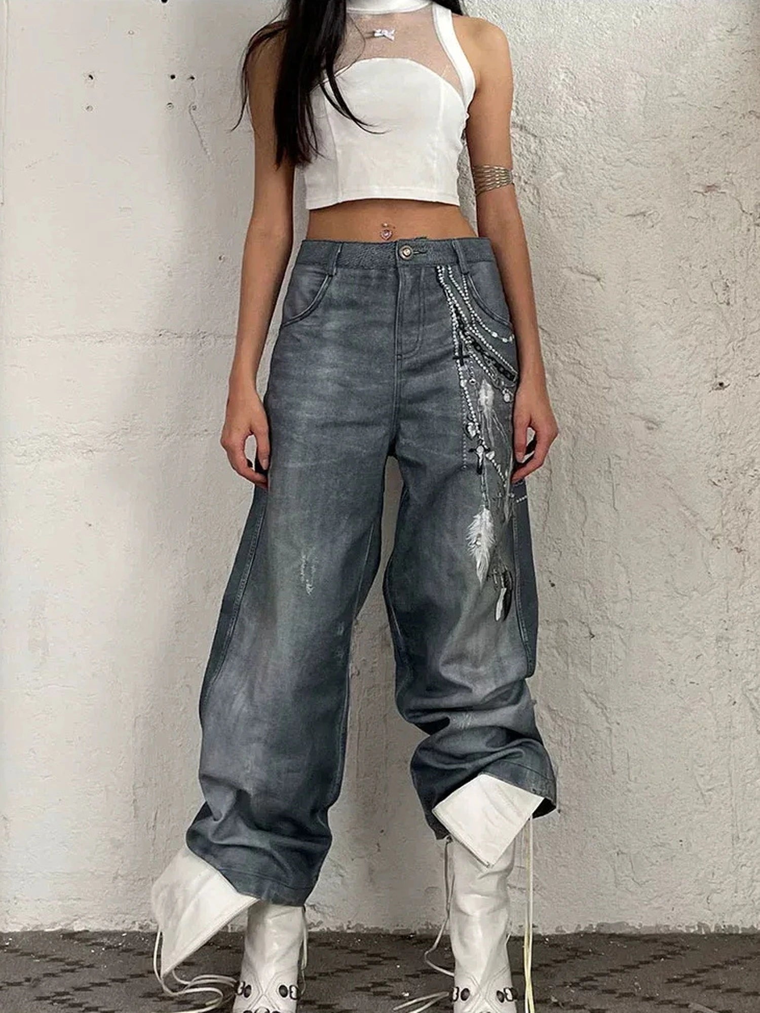 FayChui  Vintage 3D Pearl Print Washed Denim Flared Trousers