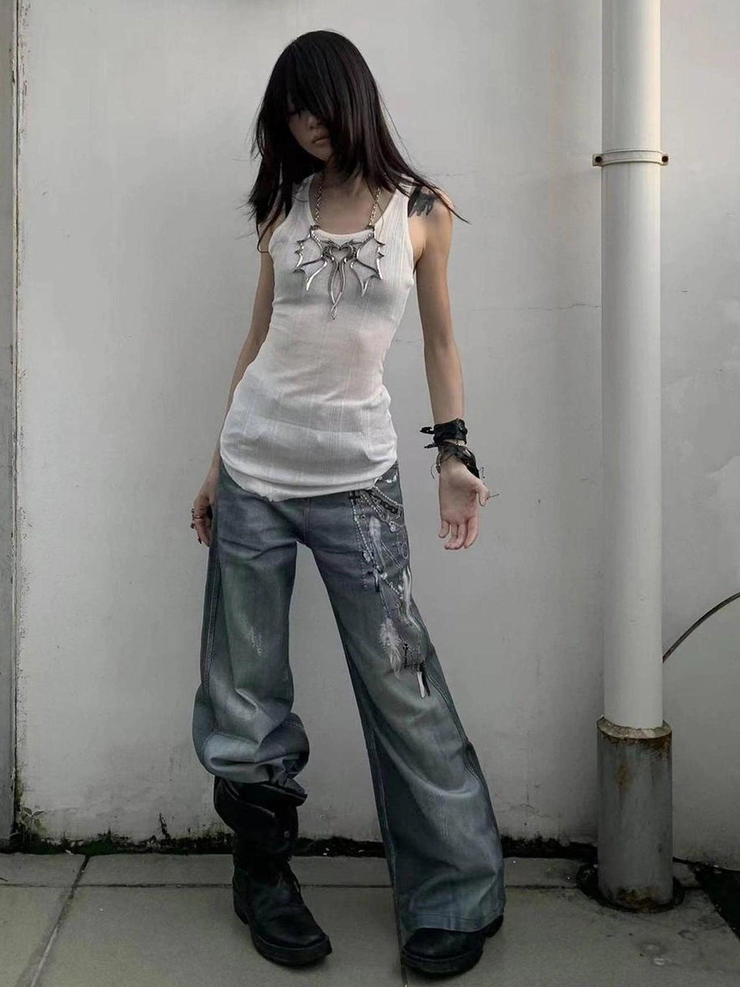 FayChui  Vintage 3D Pearl Print Washed Denim Flared Trousers
