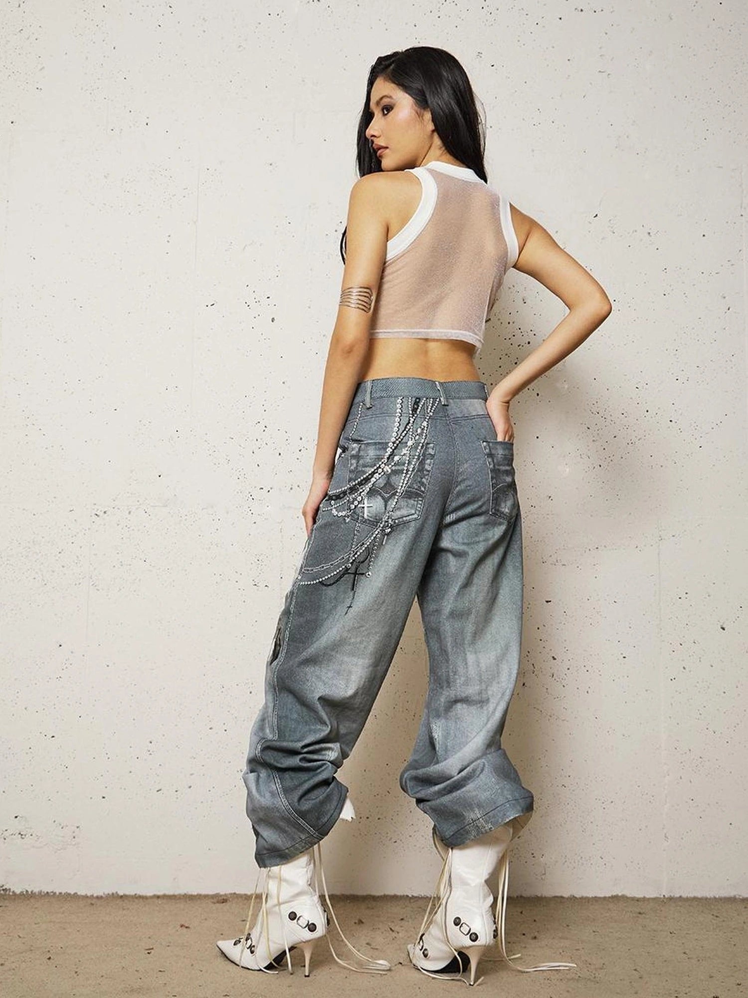 FayChui  Vintage 3D Pearl Print Washed Denim Flared Trousers