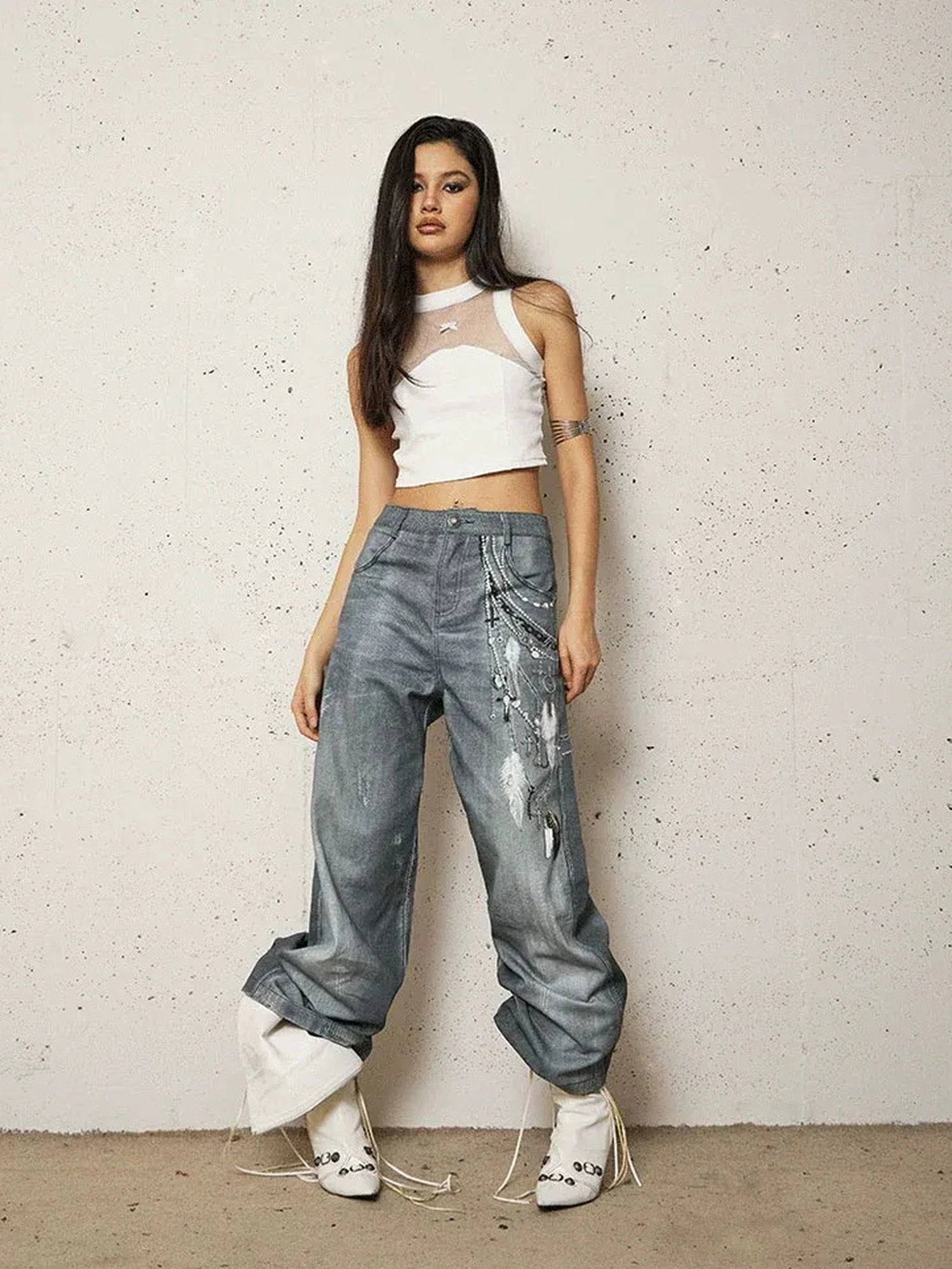 FayChui  Vintage 3D Pearl Print Washed Denim Flared Trousers