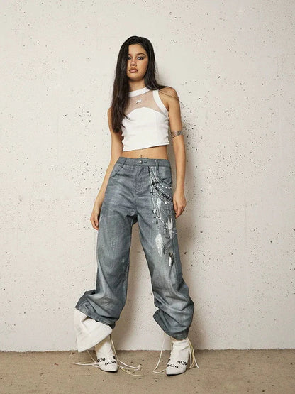 FayChui  Vintage 3D Pearl Print Washed Denim Flared Trousers