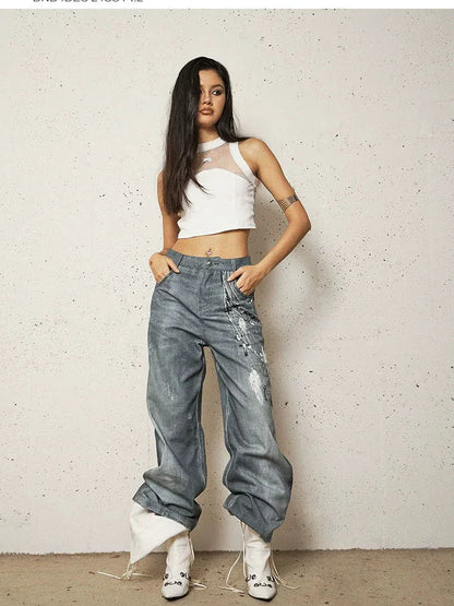 FayChui  Vintage 3D Pearl Print Washed Denim Flared Trousers