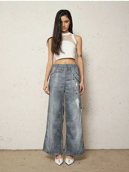 FayChui  Vintage 3D Pearl Print Washed Denim Flared Trousers