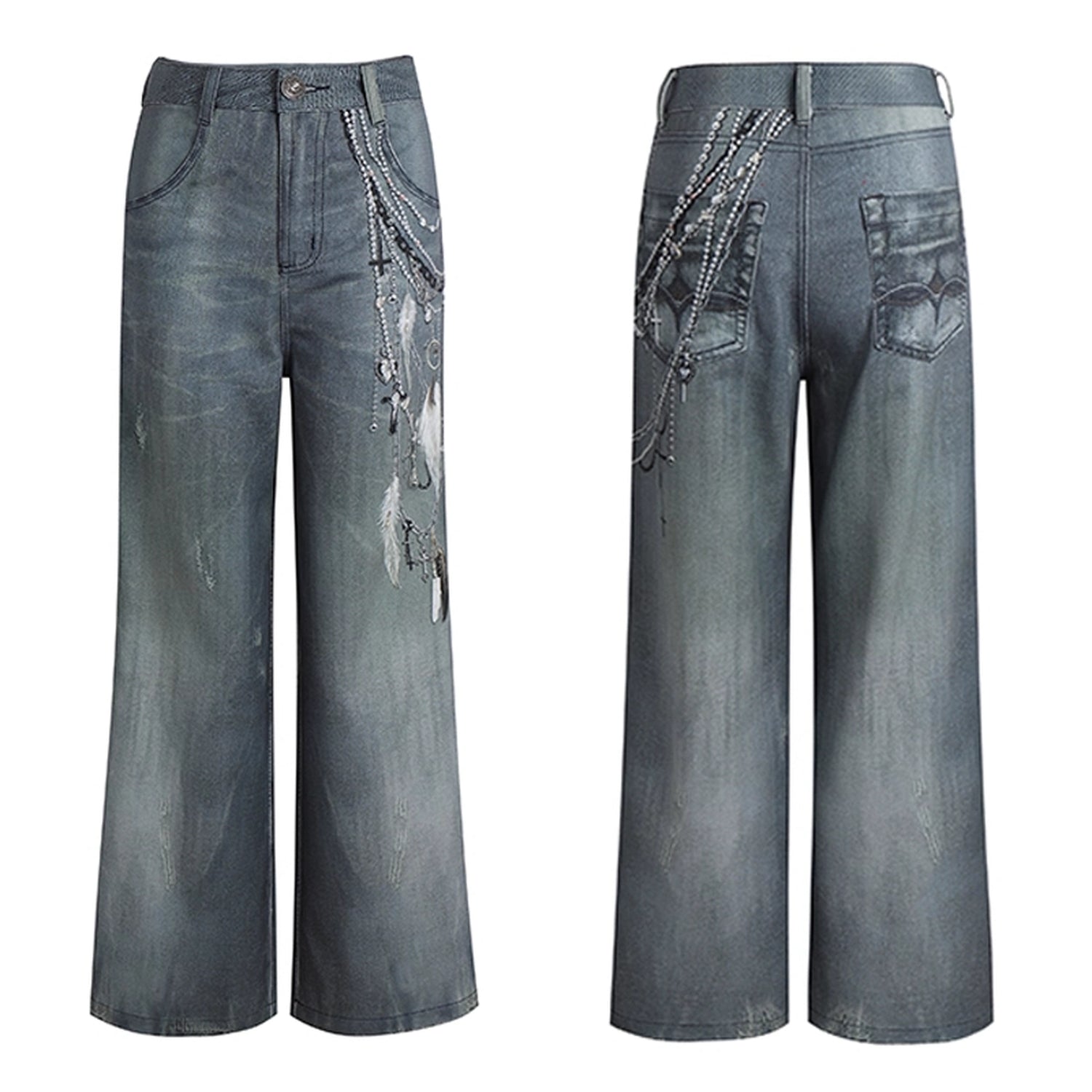 FayChui  Vintage 3D Pearl Print Washed Denim Flared Trousers