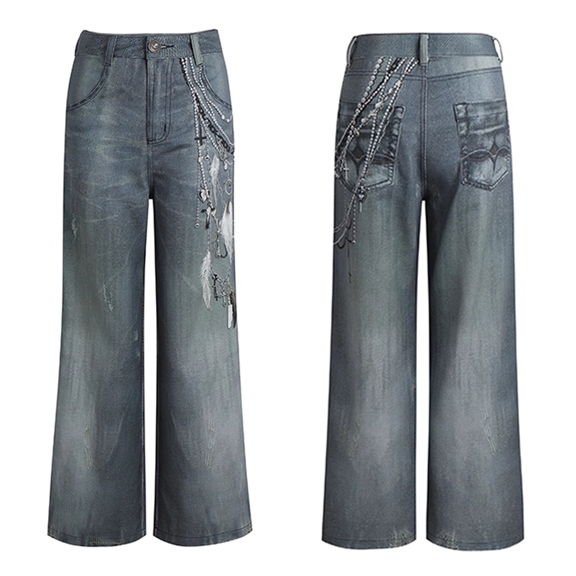 FayChui  Vintage 3D Pearl Print Washed Denim Flared Trousers