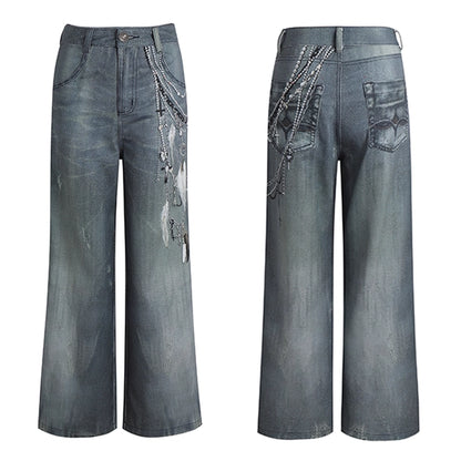 FayChui  Vintage 3D Pearl Print Washed Denim Flared Trousers
