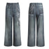 FayChui  Vintage 3D Pearl Print Washed Denim Flared Trousers