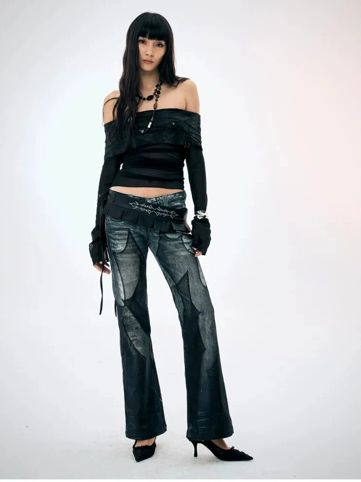 FayChui  Vintage Black Mesh Flared Jeans