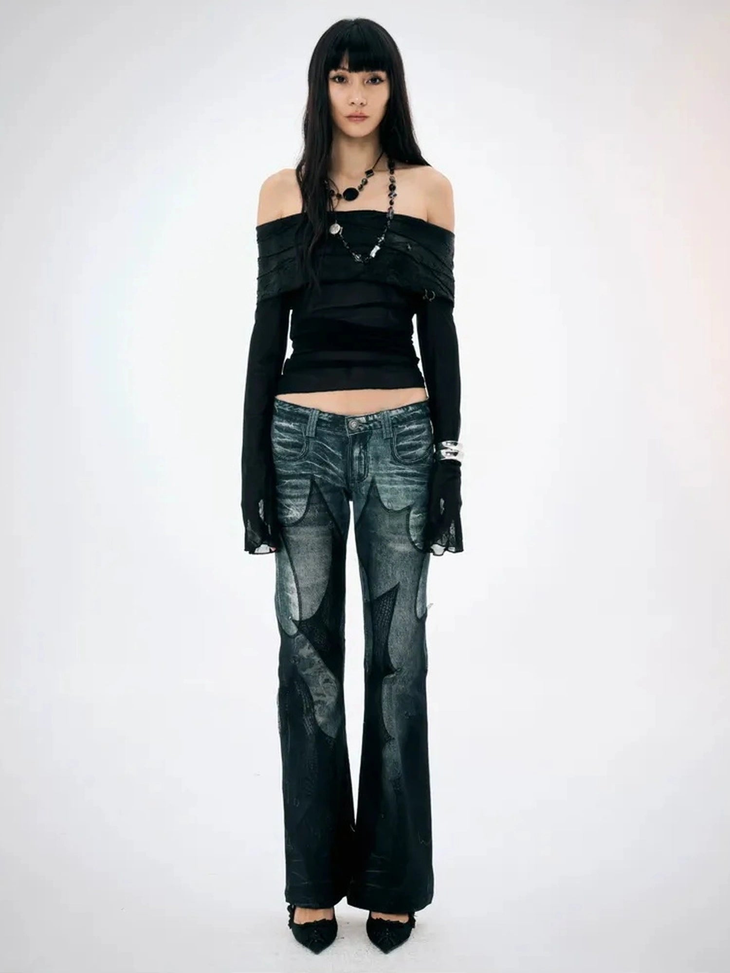 FayChui  Vintage Black Mesh Flared Jeans