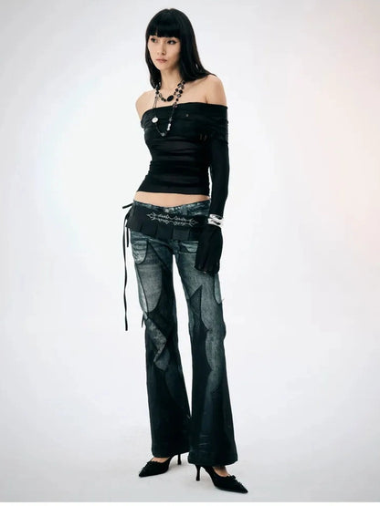 FayChui  Vintage Black Mesh Flared Jeans