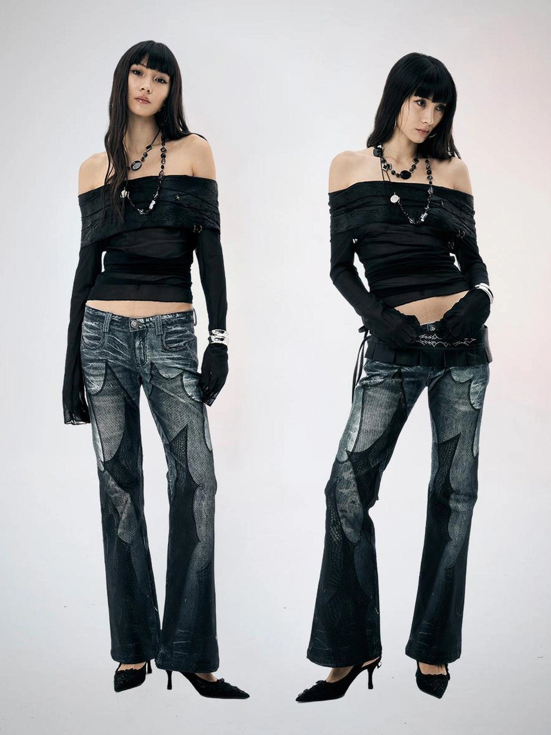 FayChui  Vintage Black Mesh Flared Jeans