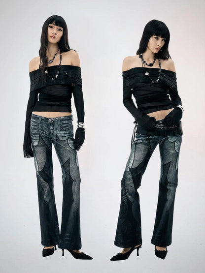 FayChui  Vintage Black Mesh Flared Jeans
