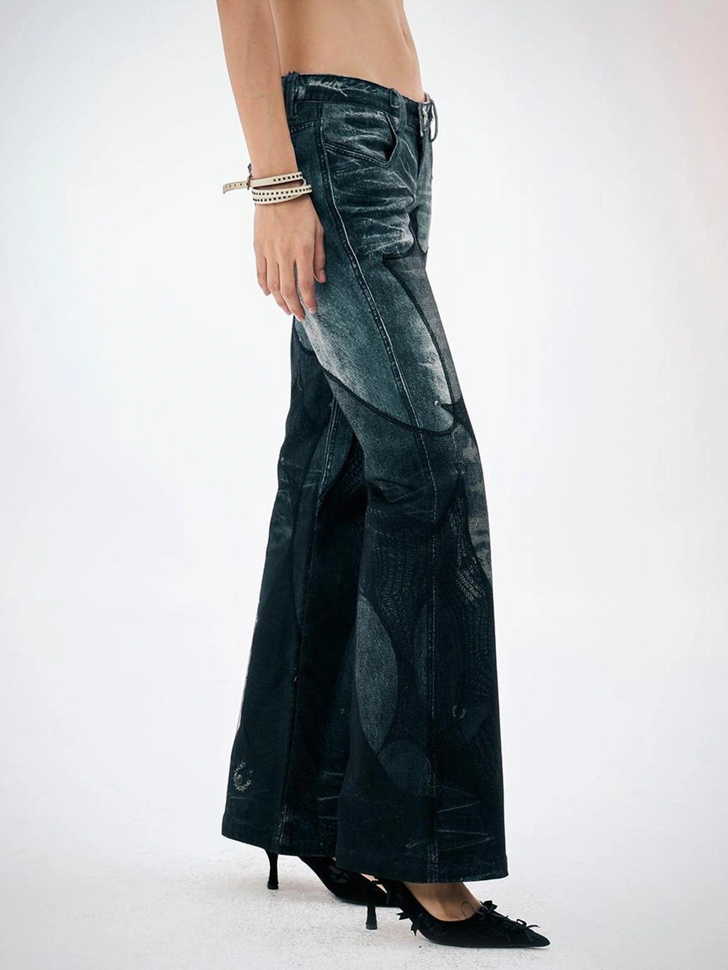 FayChui  Vintage Black Mesh Flared Jeans