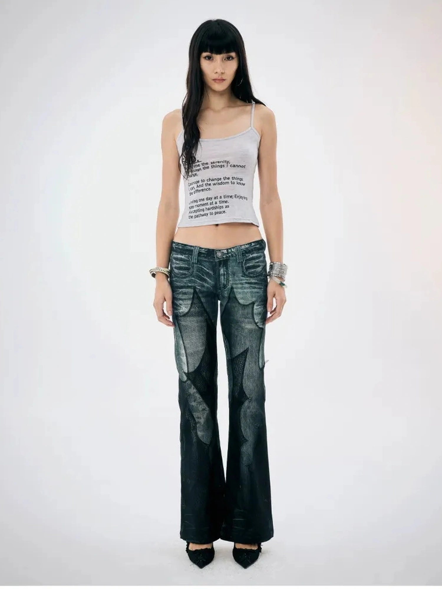 FayChui  Vintage Black Mesh Flared Jeans