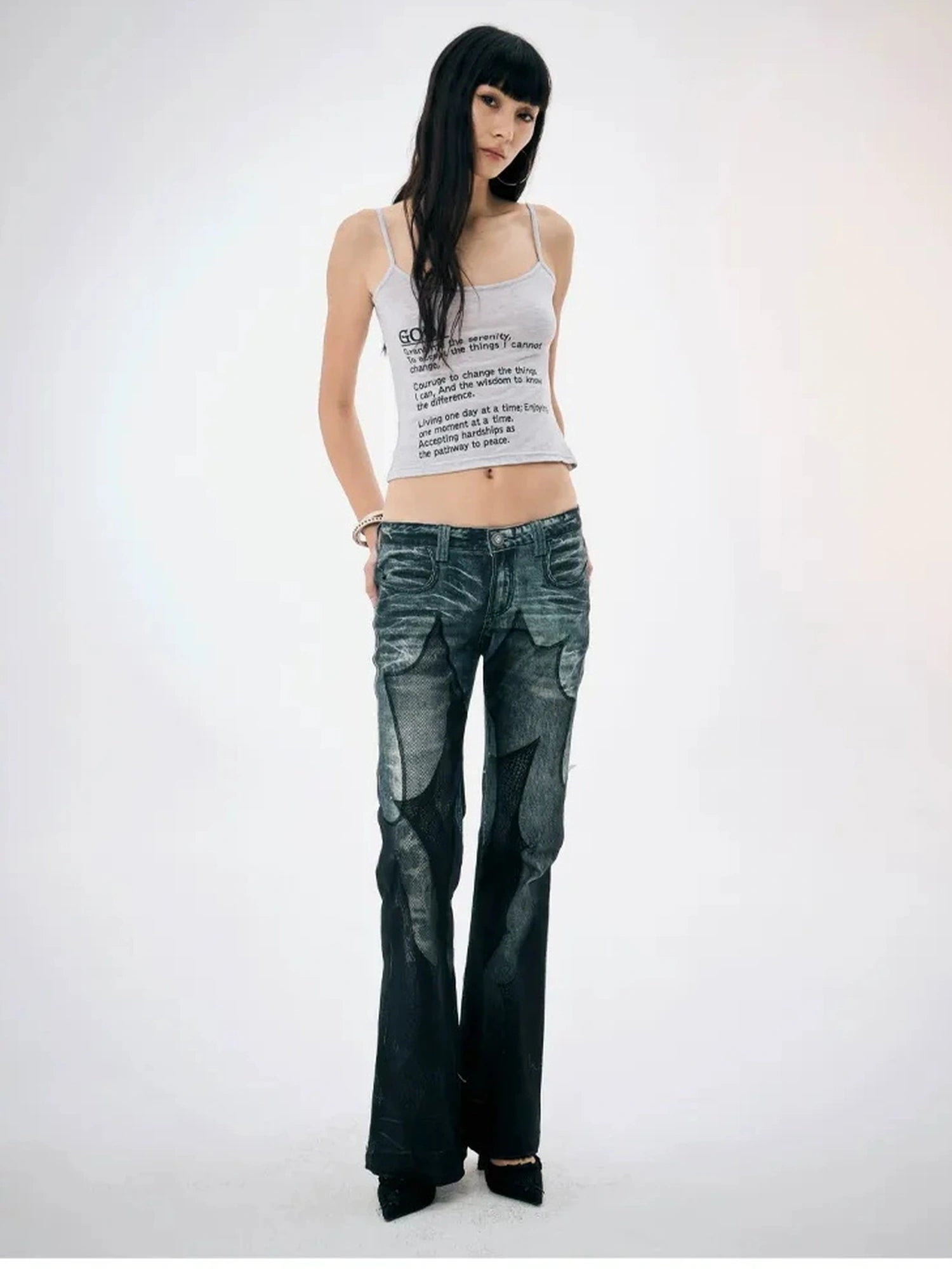 FayChui  Vintage Black Mesh Flared Jeans