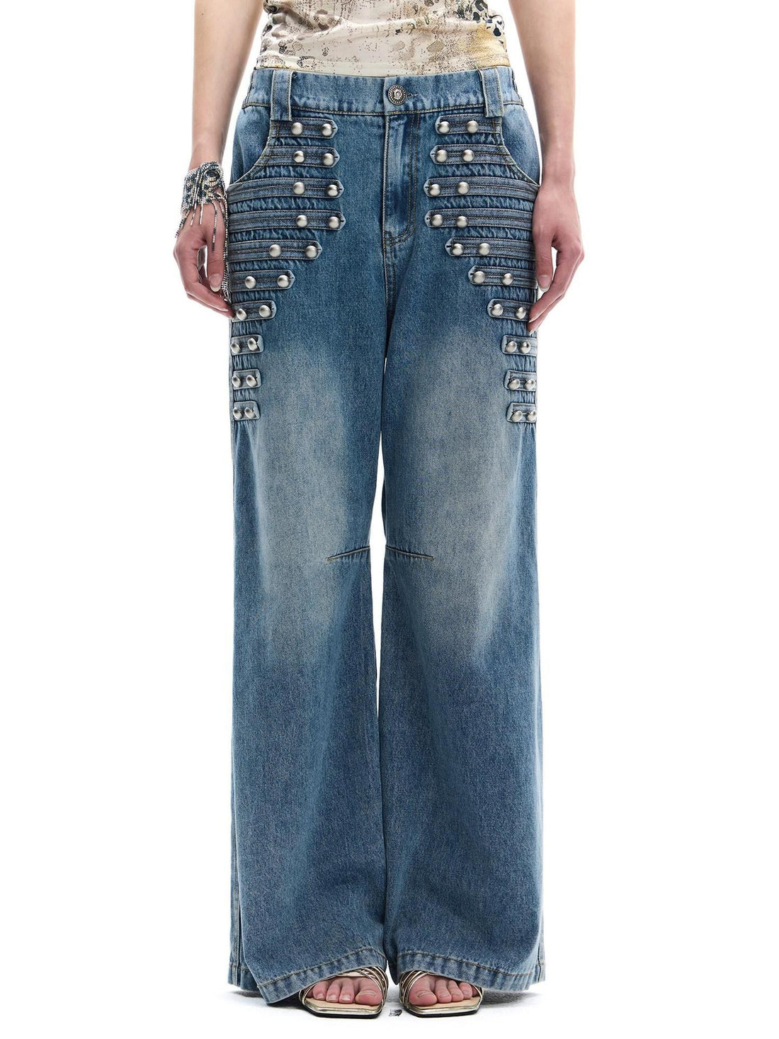 FayChui Vintage Button Front Rivet Washed Blue Women&