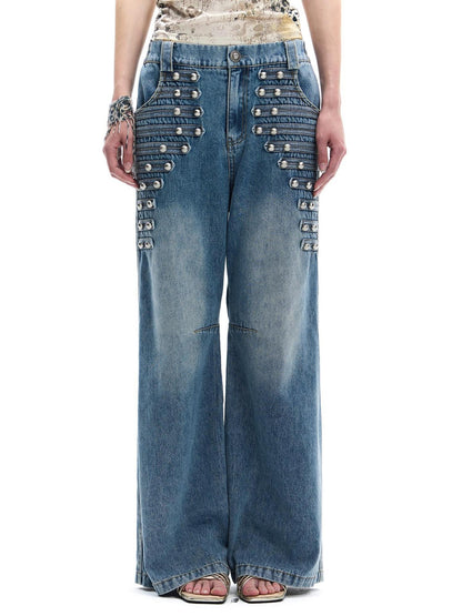 FayChui Vintage Button Front Rivet Washed Blue Women&