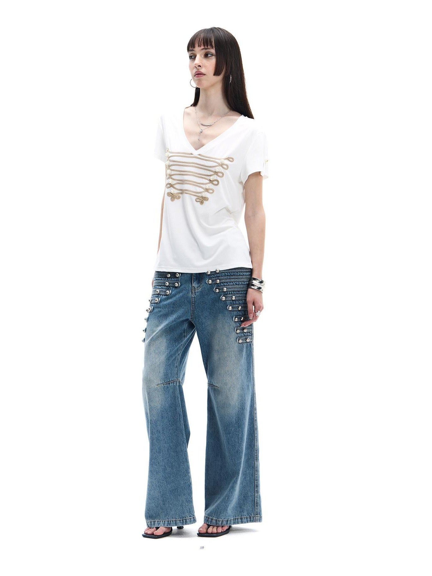 FayChui Vintage Button Front Rivet Washed Blue Women&