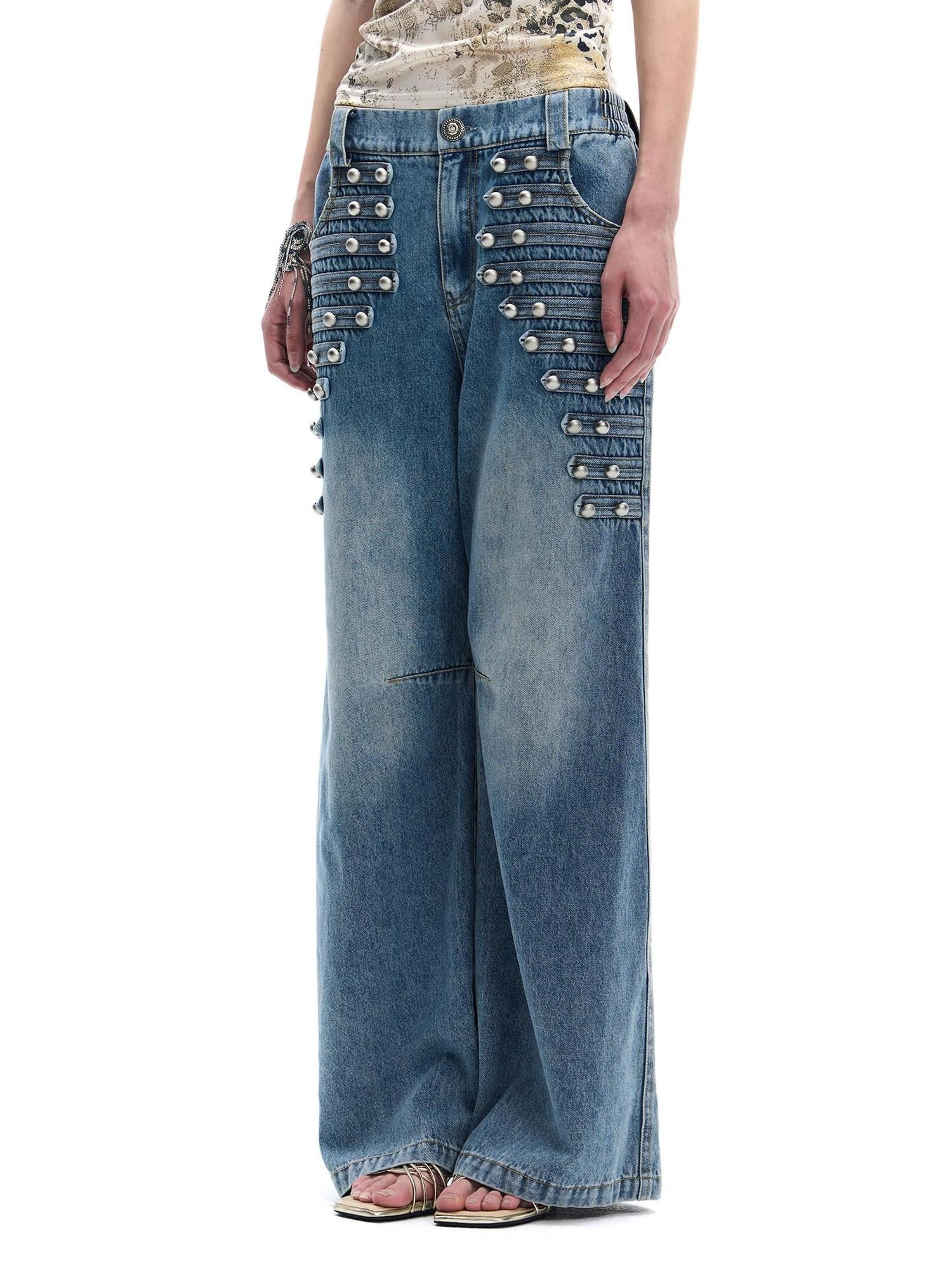 FayChui Vintage Button Front Rivet Washed Blue Women&