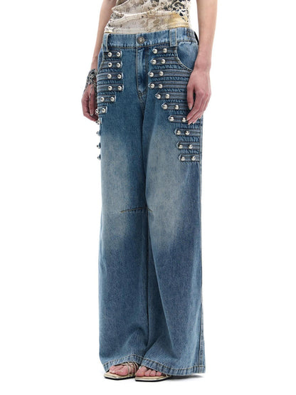 FayChui Vintage Button Front Rivet Washed Blue Women&