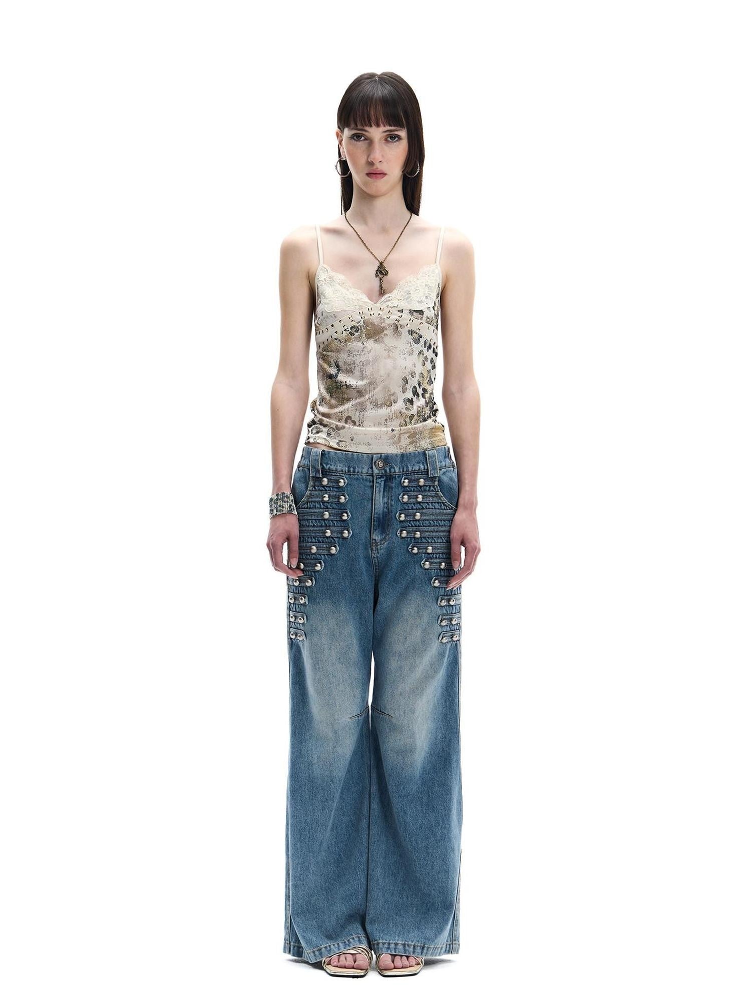 FayChui Vintage Button Front Rivet Washed Blue Women&