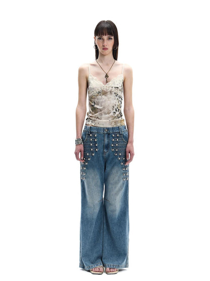FayChui Vintage Button Front Rivet Washed Blue Women&