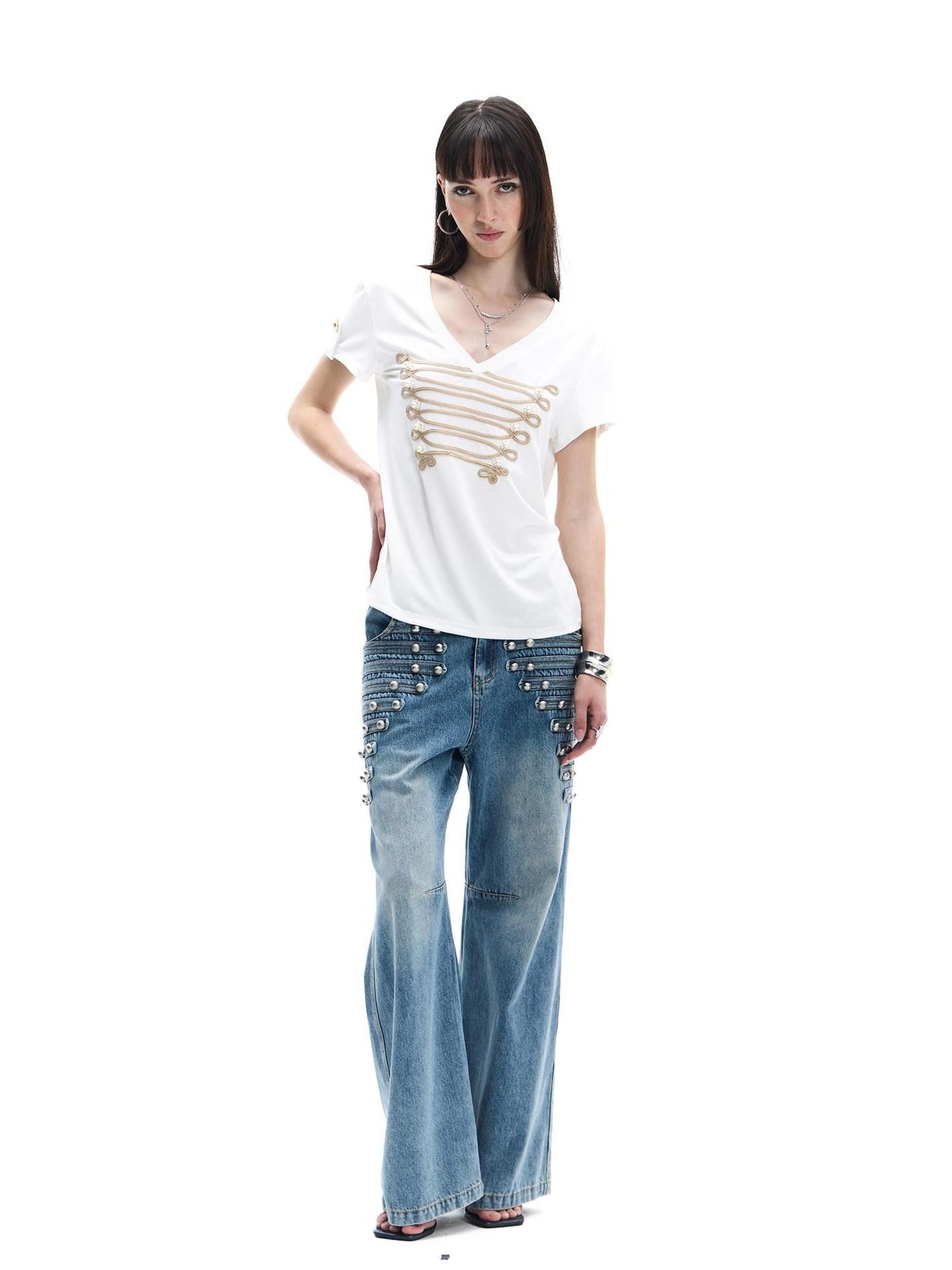 FayChui Vintage Button Front Rivet Washed Blue Women&