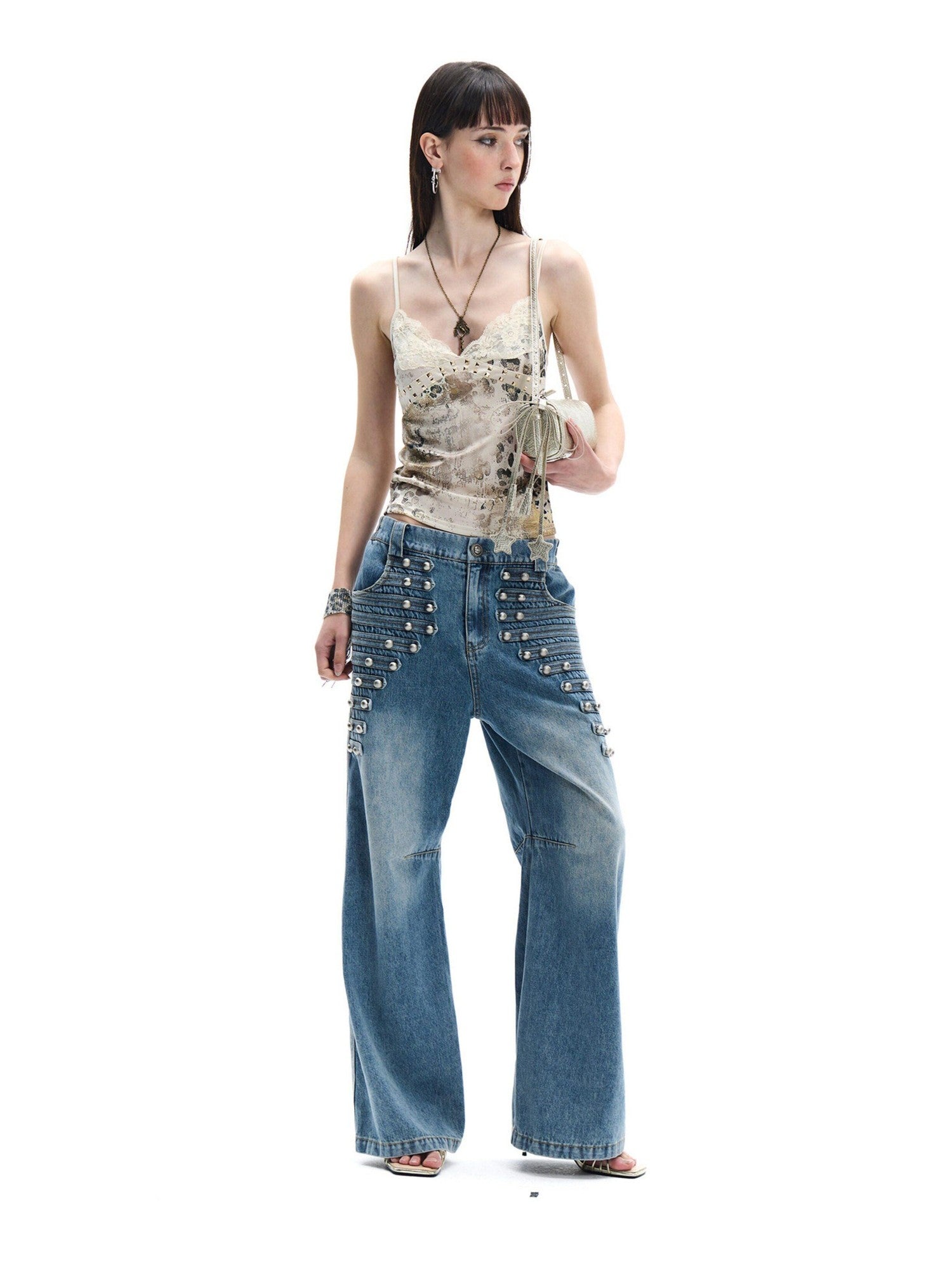 FayChui Vintage Button Front Rivet Washed Blue Women&