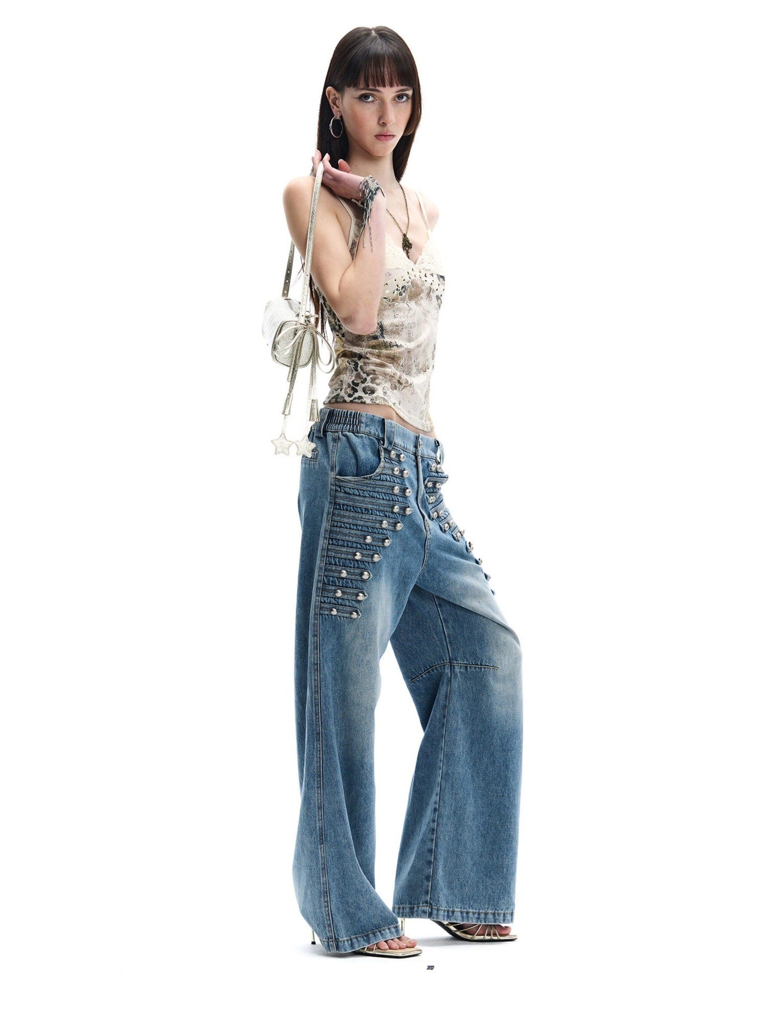 FayChui Vintage Button Front Rivet Washed Blue Women&